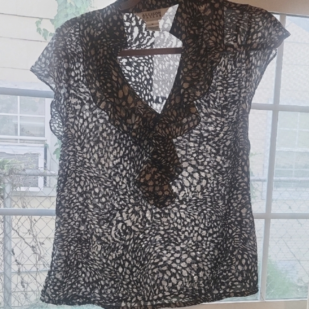Allison Taylor Women's Black and White Ruffled V-Neck Sheer Blouse, Size: M